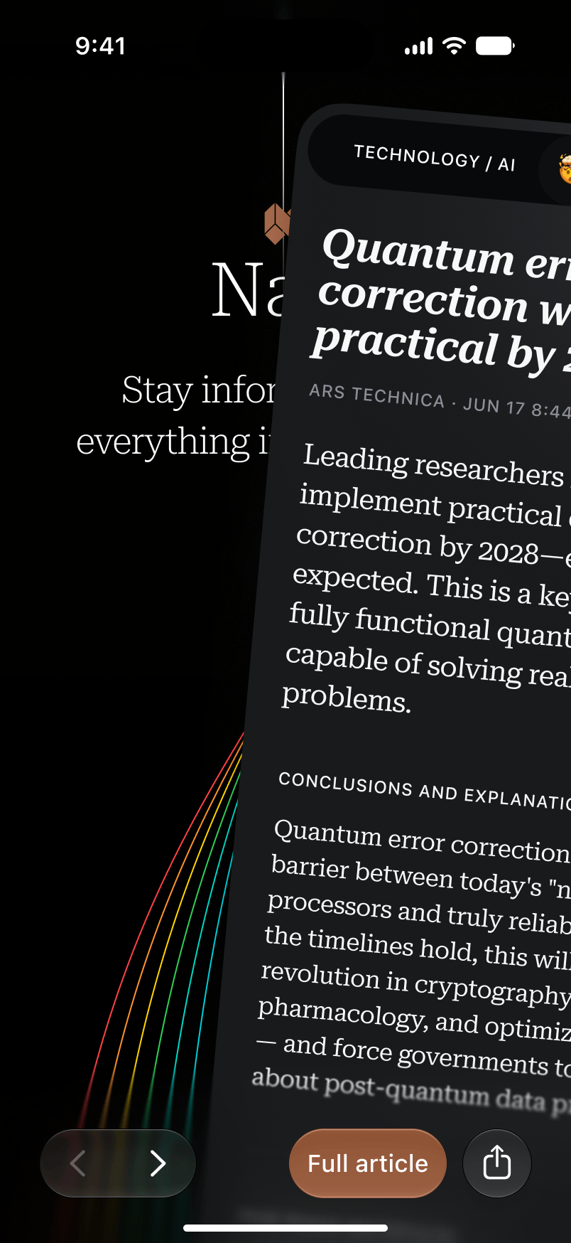 Nuus news app — an AI-summarised news article sliding in over the home screen